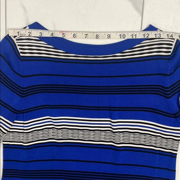 Elegant Striped Sweater in Blue Black & White 3/4 Bell Sleeves Boat Neck Size S - Picture 12 of 12